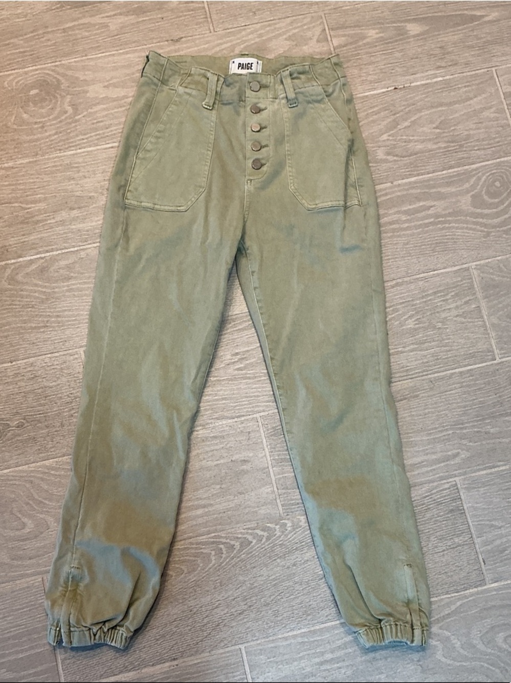 PAIGE Mayslie Olive Denim Button-Fly Tapered Utility Joggers Women’s Sz 25